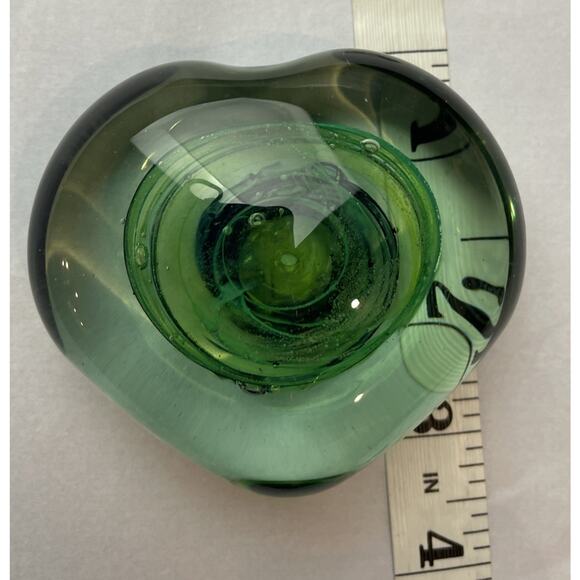 Green Heart Shaped Glass Paperweight Hand Blown With Shamrock Stamp - Picture 4 of 10